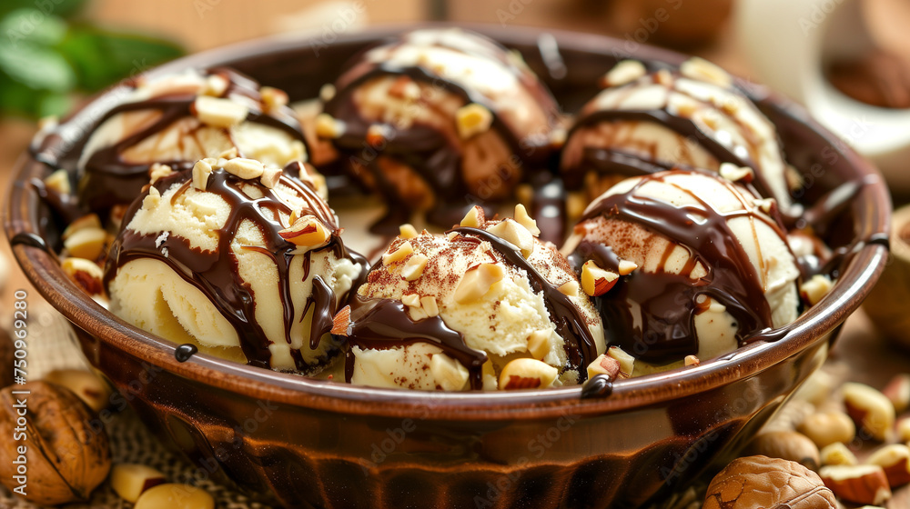 Vanilla ice cream balls drizzled with chocolate and sprinkled with nuts. Homemade and served in a deep plate 