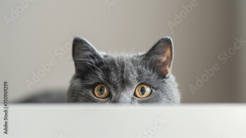 A gray cat curiously looking over a white table. Perfect for pet and home decor themes