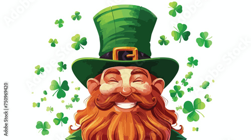 Bearded leprechaun face with green clovers falling i photo