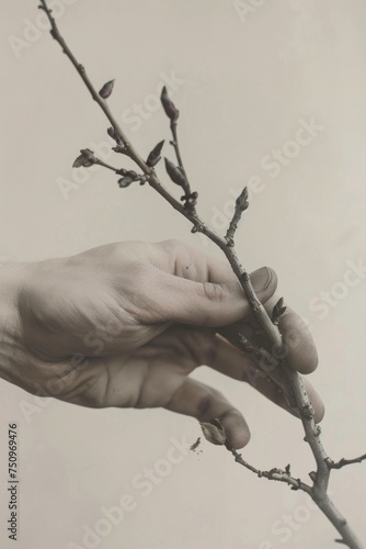 A person holding a branch with small birds perched on it. Suitable for nature or wildlife themes