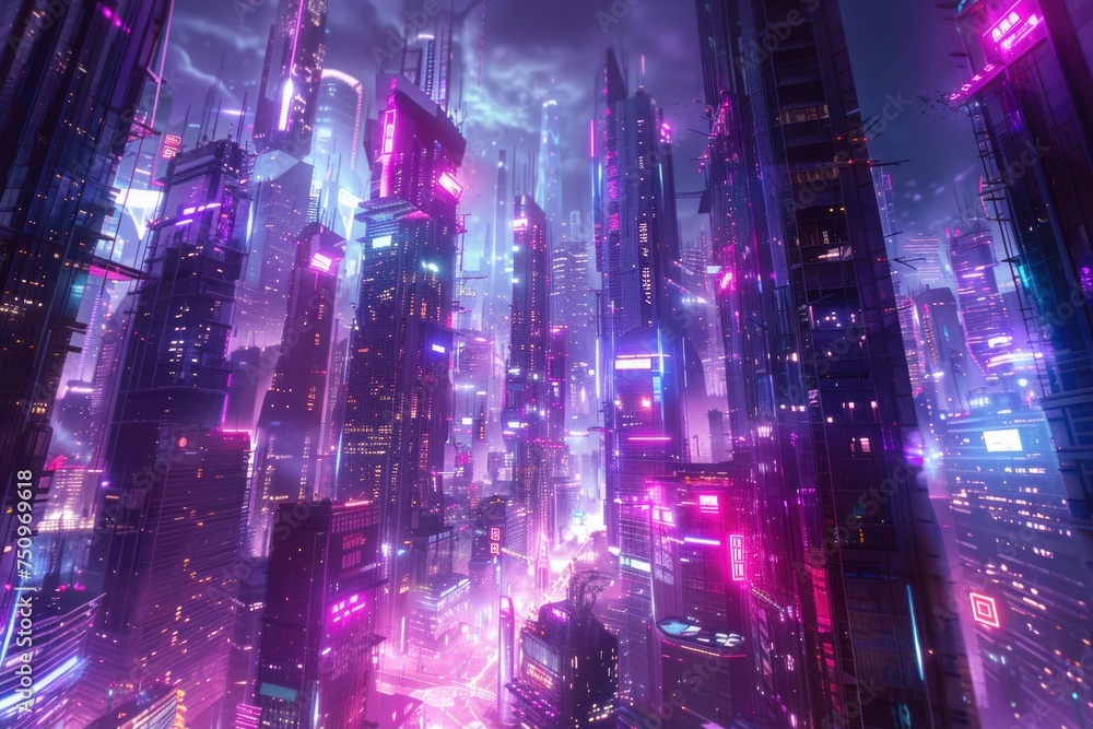 A futuristic cityscape at night with vibrant neon lights. Perfect for technology and urban concept designs