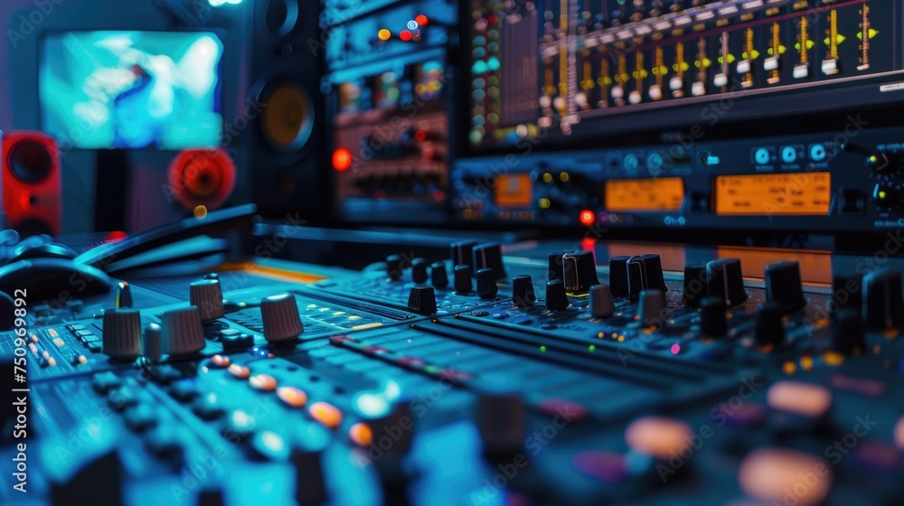 Professional sound board setup with microphone for recording studio use Professional sound board setup with microphone for recording studio use