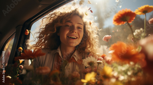 Cheerful, happy, and surprised girl with curly hair in a car filled with fresh flowers, in daylight, with warm, soft, and vibrant colors.