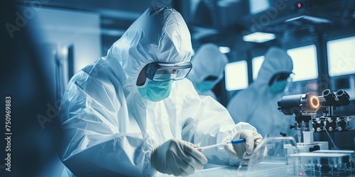 Pharmaceutical research lab or bio labs with equipment used with people in clean room suits or PPE equipment. A researcher in a sterile clean room suit.
