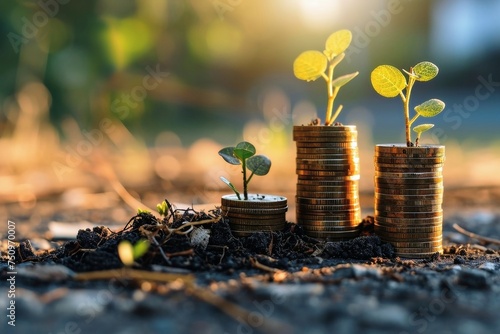 The concept of making big money with coins and seedlings. photo