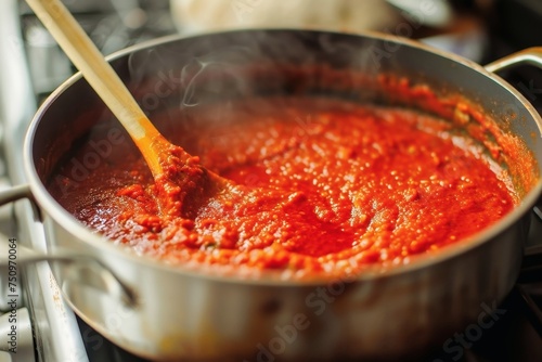 View into a pot while cooking a red sauce.