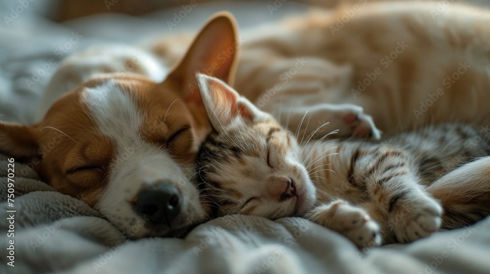 A heartwarming image of a dog and a cat peacefully sleeping together on a cozy bed. Ideal for pet lovers and animal themed designs