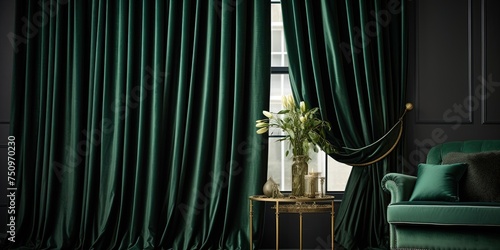 Velvet emerald curtains tied back with gold trim opening to reveal stylish dark interior