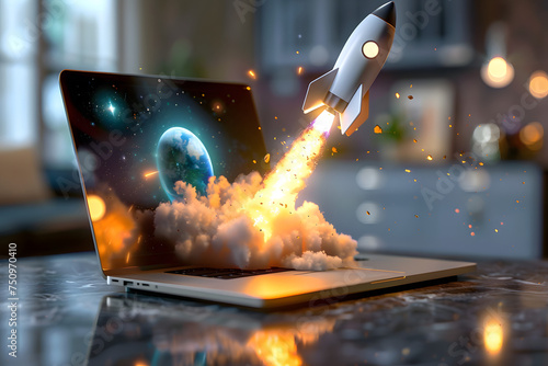 3d render space rocket blast from a laptop on table 