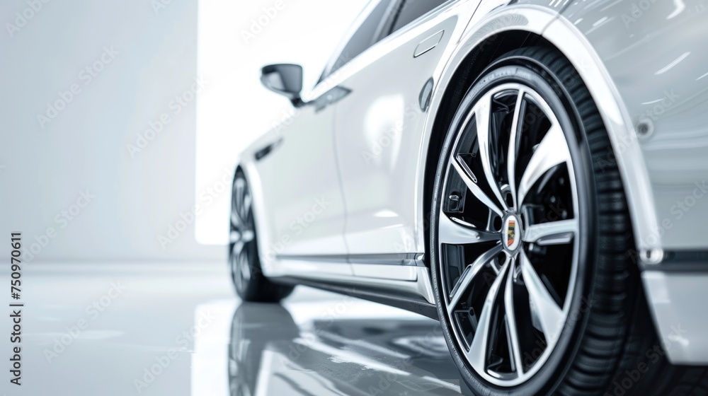 Detailed view of car wheels on reflective ground. Ideal for automotive industry promotions