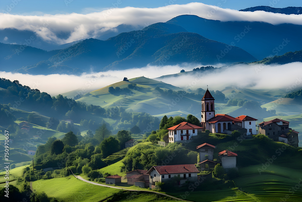 Mystic Morning: Panoramic View of a Traditional Basque Village Amidst Verdant Hills