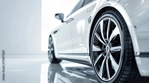 Detailed view of car wheels on reflective ground. Ideal for automotive industry promotions © Fotograf