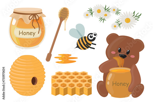 Set of delicious honey in cartoon style. Vector illustration of sweet honey: jar, beehive, bees, honeycombs, spoon, flowers, bear with big pot of honey licking paw isolated on white background.