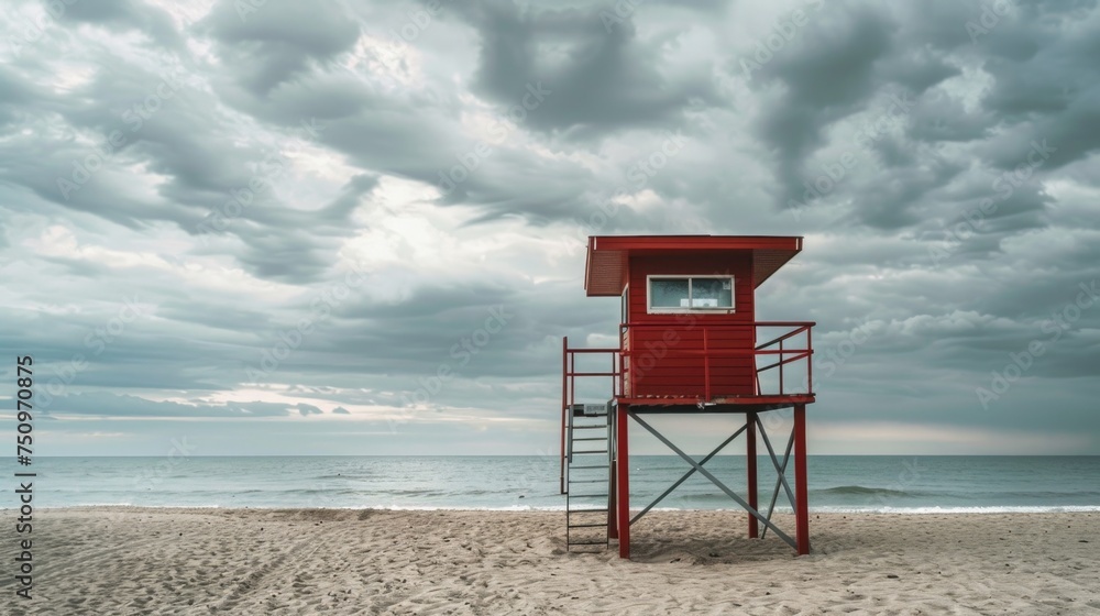 Lifeguard tower on the beach with cloudy sky background, suitable for travel and safety concepts Lifeguard tower on the beach with cloudy sky background, suitable for travel and safety concepts