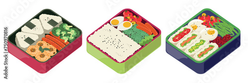 Set of delicious lunch boxes in cartoon style. Vector illustration of lunch boxes with healthy food: rice onigiri, sausages, broccoli, eggs, tomatoes, sushi burger, noodles, asparagus, beans.