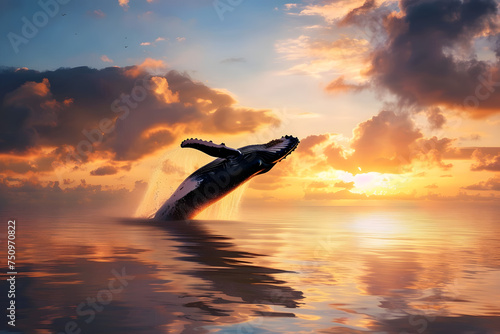 A humpback whale jumping out of the sea water at a beautiful sunset  © dStudio