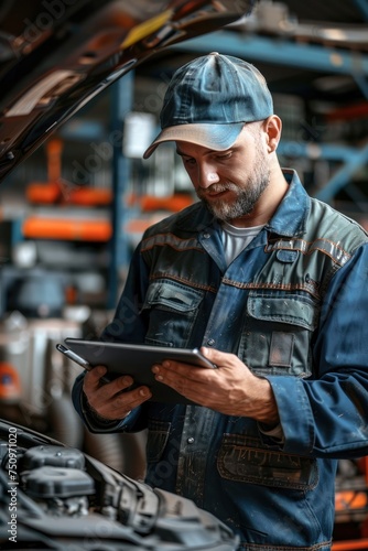 An auto mechanic with a tablet at a repair shop with open hood