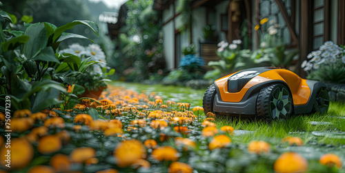 Robotic lawn mower is on a lush green lawn and ready to be used