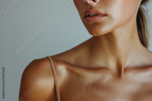 Close up of a woman wearing a tan top, suitable for fashion or lifestyle concepts photo