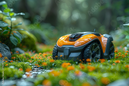 Robot lawn mower on the lawn in the garden of a private house