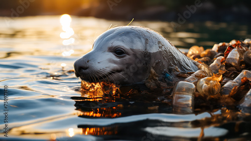 A fur seal peeks out of polluted waters, surrounded by floating garbage, highlighting the pressing issue of environmental pollution affecting marine life. © Людмила Мазур
