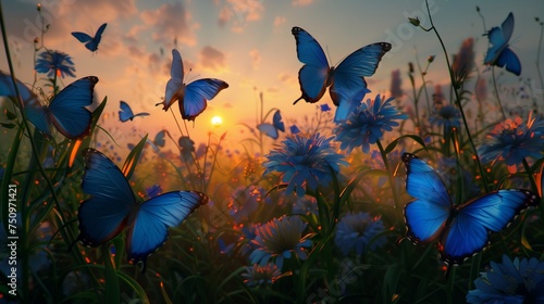 An enchanting scene of blue butterflies in various shades and sizes fluttering around a wildflower meadow at sunrise.