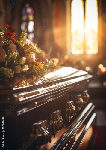 Coffin in a church at funeral with perfect light and flowers. Generative Ai.