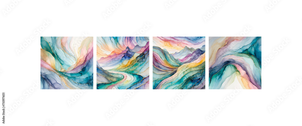 Set of cards with fluid art painting in alcohol ink technique, trendy colors, for backgrounds, posters, flyer.