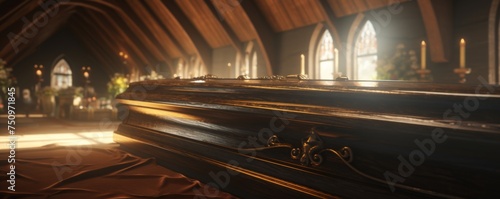 Coffin in the middle of a church at funeral with perfect light, banner. Generative Ai.