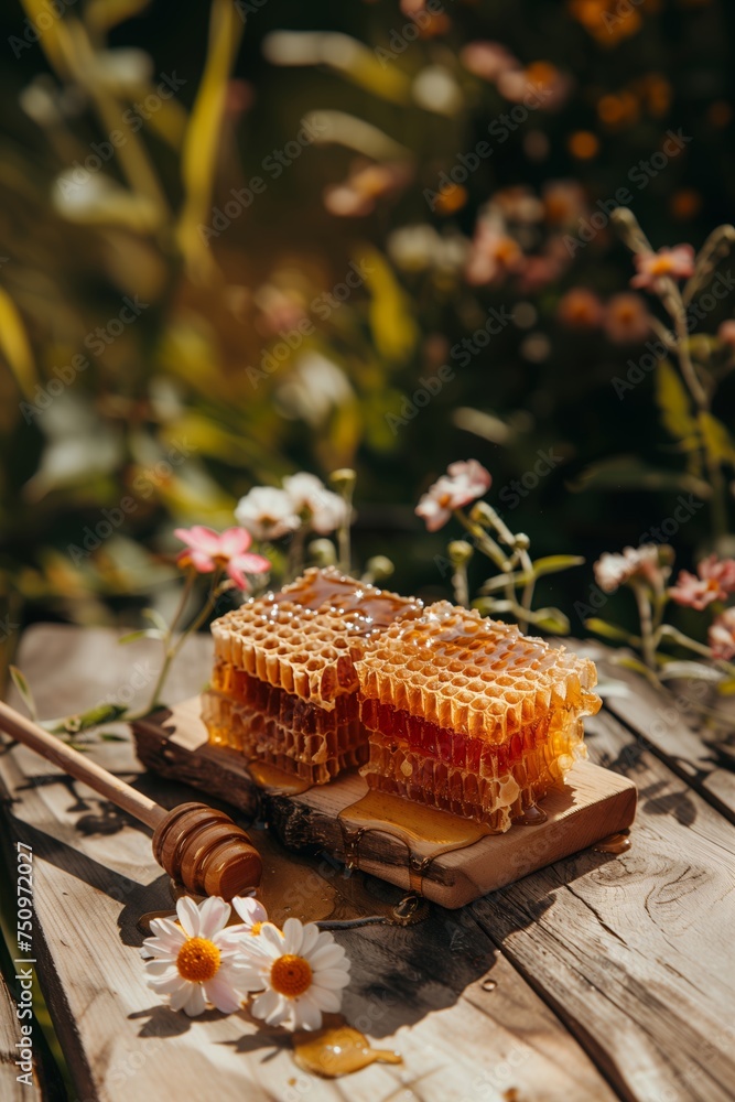 Sweet honeycomb with honey, bee and flowers, isolated on wood desk Sweet honeycomb with honey, bee and flowers, isolated on wood desk