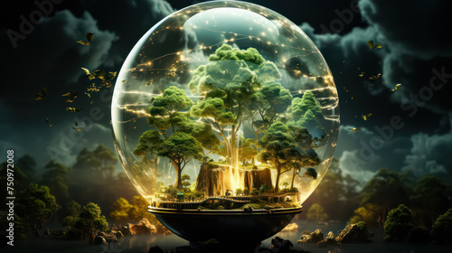 Transparent glass sphere encases a miniature forest, capturing the serene beauty of nature within a confined space, ideal for artistic and imaginative concepts.