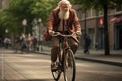 Senior man city bike morning. Happy person. Fictional person. Generate Ai © juliars