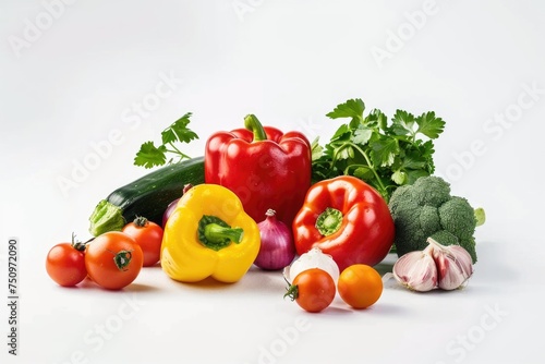A colorful assortment of peppers  tomatoes  cucumbers  and garlic. Ideal for food and nutrition concepts