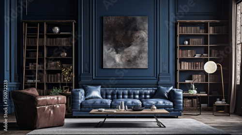 A sophisticated living room with a textured wall finish in deep blues
