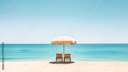 A tranquil beach scene with a colorful sun umbrella casting shade on the golden sands, inviting relaxation and enjoyment on a sunny day by the sea.