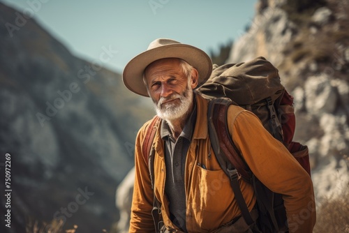 Senior man hiking. Male healthy travel. Generate Ai