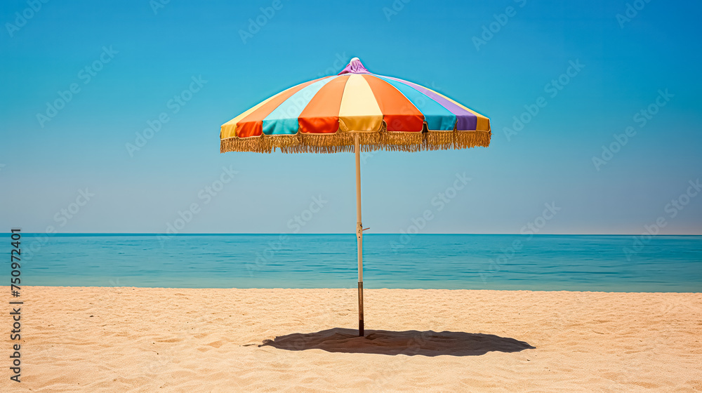 A tranquil beach scene with a colorful sun umbrella casting shade on the golden sands, inviting relaxation and enjoyment on a sunny day by the sea.