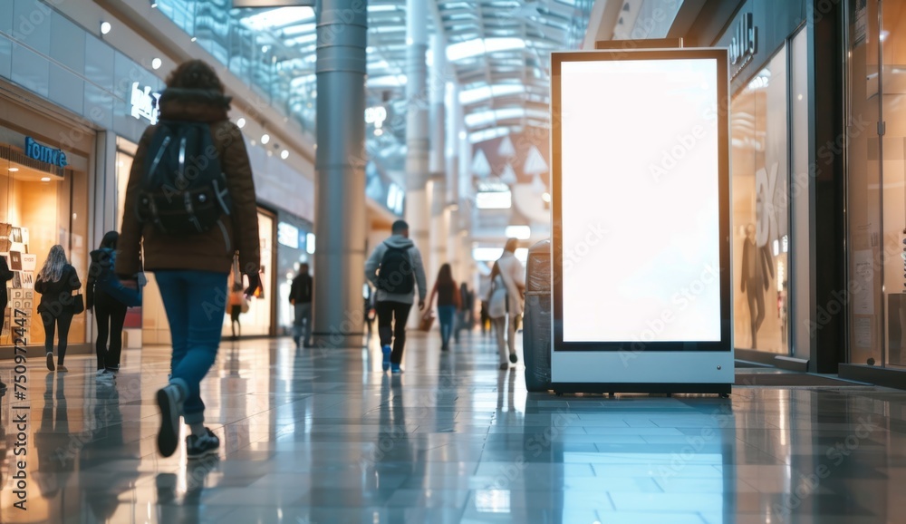 Fototapeta premium large white blank advertisement sign standing in a shopping mall Generative AI