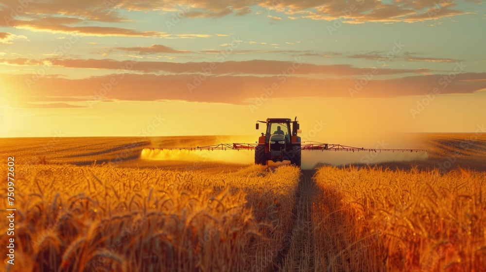 Naklejka premium Agricultural tractor spraying pesticide in a wheat field. Suitable for farming industry concepts