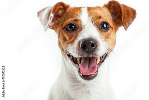 A lively brown and white dog with its mouth open. Perfect for pet-related designs © Fotograf