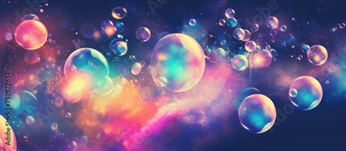 A cluster of soap bubbles drift effortlessly through the air, reflecting light and showcasing their iridescent colors as they gracefully float.