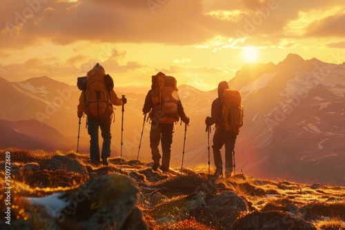 A group of hikers with backpacks on a mountain peak. Ideal for outdoor adventure and travel concepts