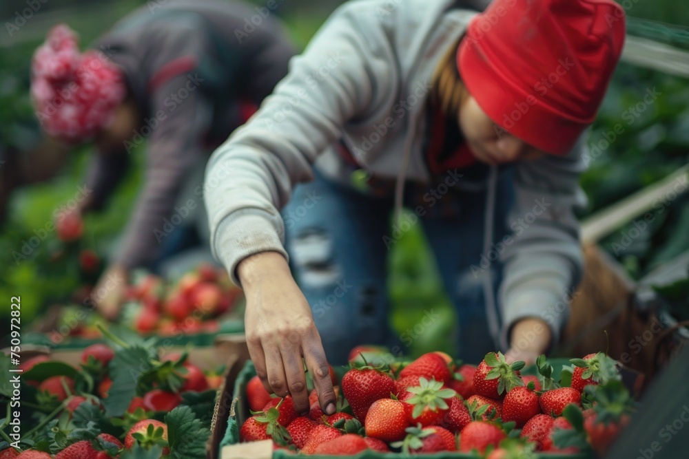 Fototapeta premium Two women picking fresh strawberries in a lush field. Ideal for food and agriculture concepts