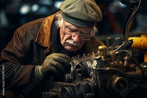 Senior mechanic man working in garage. Elderly male repairing and fixing machinery engine. Generate ai