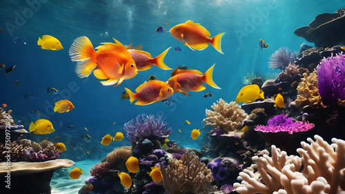 Dive into the depths of an underwater wonderland, where coral reefs explode with bright and bold colors. Exotic fish swim through crystal-clear waters, creating a mesmerizing aquatic scene © Farhan