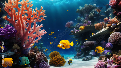 Dive into the depths of an underwater wonderland, where coral reefs explode with bright and bold colors. Exotic fish swim through crystal-clear waters, creating a mesmerizing aquatic scene