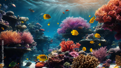 Dive into the depths of an underwater wonderland  where coral reefs explode with bright and bold colors. Exotic fish swim through crystal-clear waters  creating a mesmerizing aquatic scene