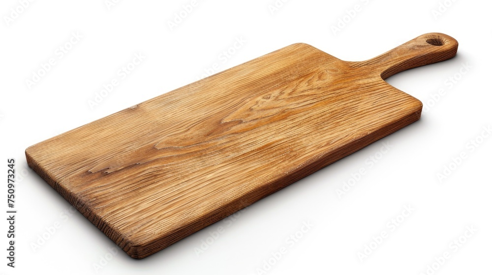A simple wooden cutting board on a clean white surface. Perfect for food-related designs
