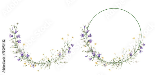 Wreath of yellow buttercup and white little flower and violet bluebell. Watercolor hand painting illustration on isolate. Circlet of meadow flowers. Botanical summer wildflower. photo