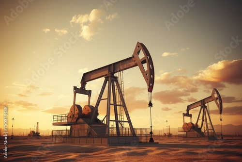 Oil rig pump machine for petroleum energy production at sunset in industrial oil field